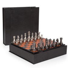 Metal Chess Set for Adults and Kids   12" Leather Chess Board with Weighte