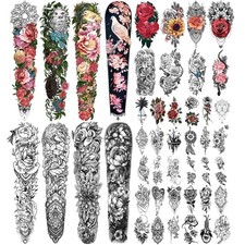 46 Sheet Full Arm Temporary Tattoo for Women with Peony Bird Daisy Tiny, Rose