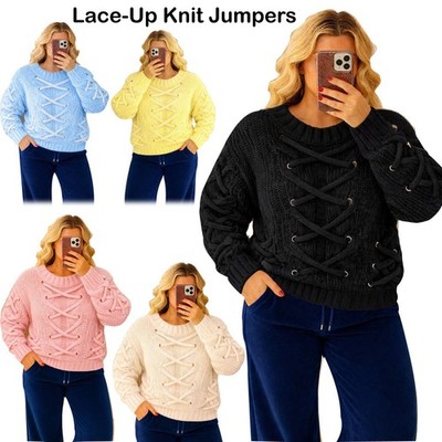 Damen Schnür Strick Langarm Rundhals Grobstrick Zopfmuster Einheitsgröße Pullover