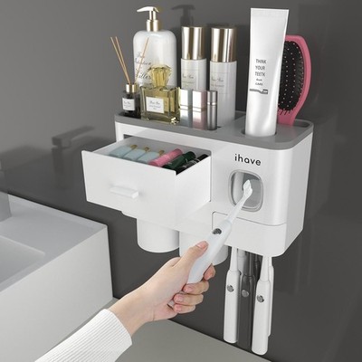 Zahnbürstenhalter Wand mit Zahnpastaspender Schublade Organizer Set Weiß ohne