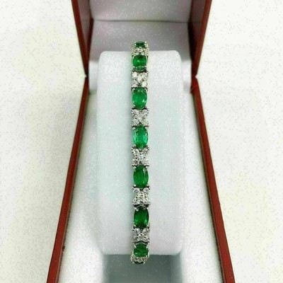 12CT Oval Cut Emerald & Diamond Women's Tennis Bracelet 14K White Gold Over 7''