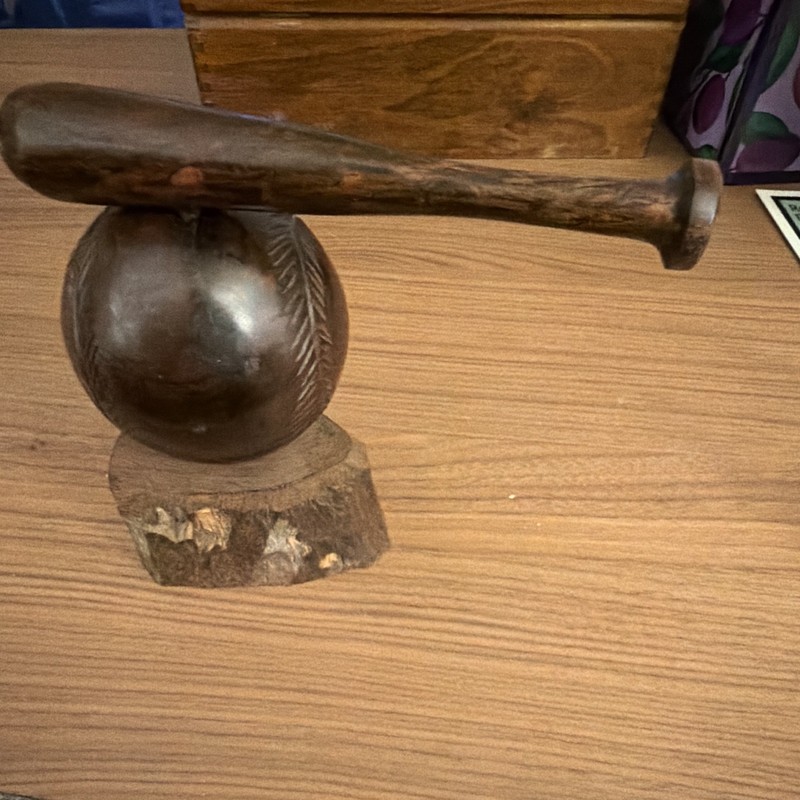 Hand-Carved Wooden Baseball & Bat Sculpture on Wood Base, Brown