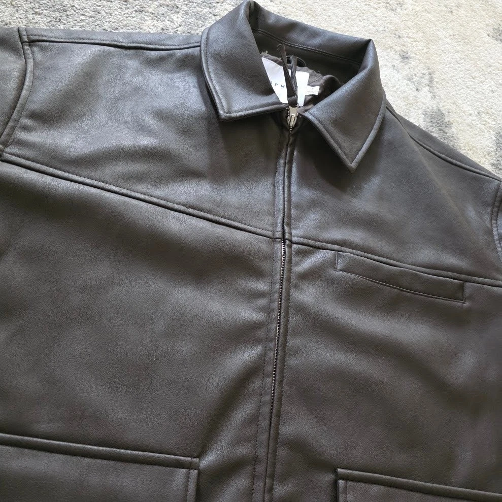 Topman Mens Dark Brown Faux Vegan Leather Trucker Jacket Size S Quilted Lined - product detail image 12