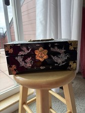 Vintage Asian Jewelry Box from Thailand Mother Of Pearl Brass Black Lacquer