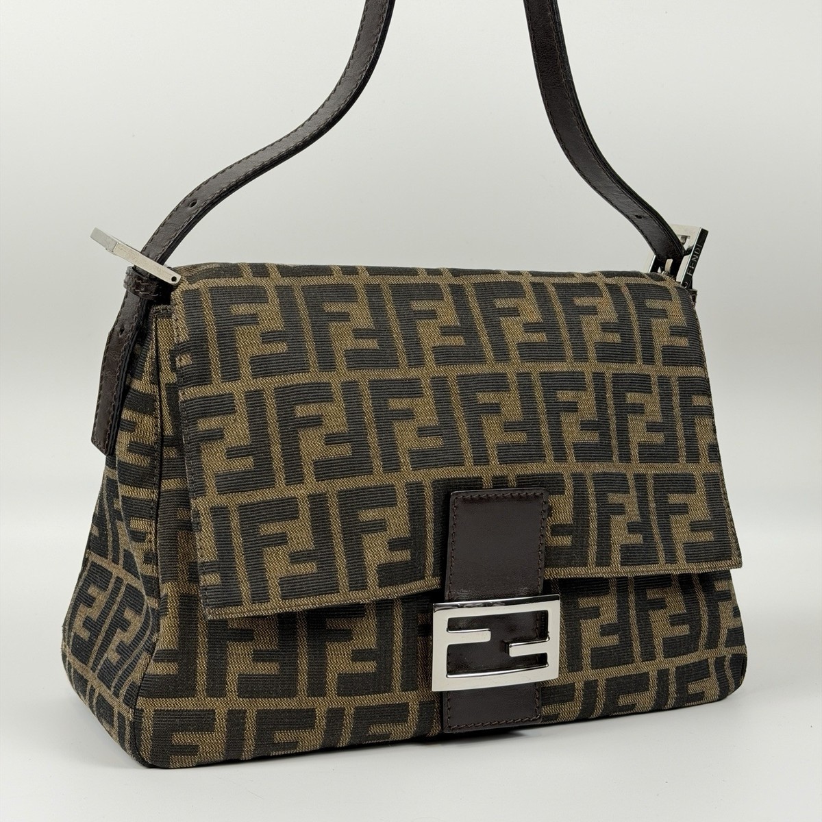 Auth FENDI Mamma Baguette Bag Zucca Canvas Leather Brown Shoulder