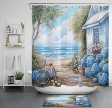 Spring Rustic Blue Floral Beach Coastal Shower Curtain Set for Bathroom Decor