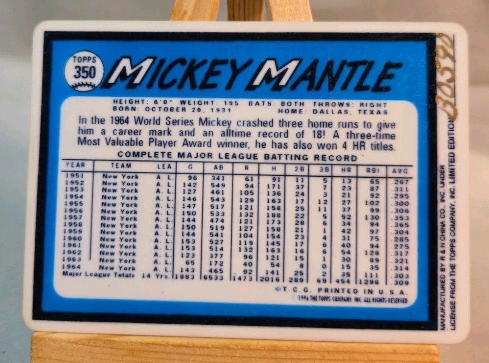 Mickey Mantle – Keramik Sammelkarte – 1965 Topps Design (Edition 1994) VINTAGE - Bild 2 von 2