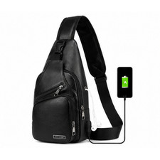 Black Chest Crossbody Bag Sling Backpack for Men with USB Charge Port