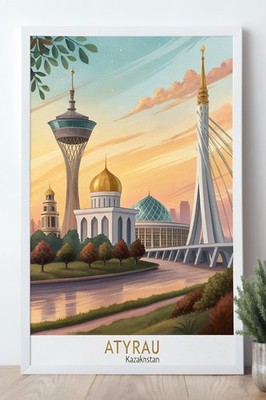 Atyrau, Kasachstan - Lebendiges Reiseposter mit kulturellen Sehenswürdigkeiten_mehrDetail_4k