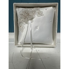 White Satin Wedding Ring Bearer Pillow w/ Beaded Floral Embellishment Ribbons