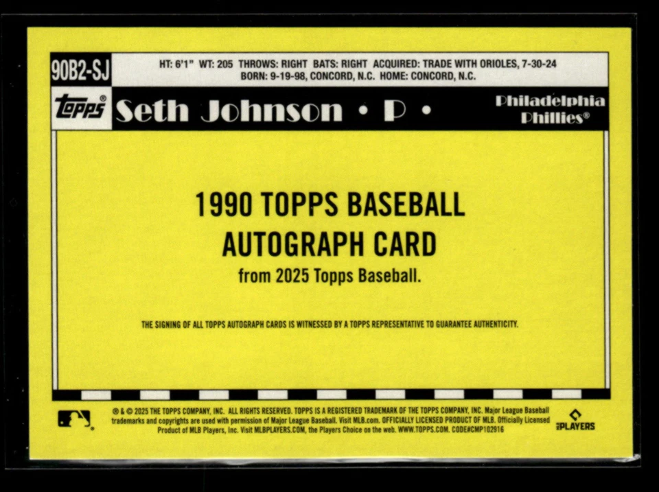 Seth Johnson 2025 Topps Update Series Baseball RC Auto 1990 [kbs45 - Image 2 of 2
