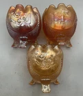 THREE VINTAGE CARNIVAL NORTHWOOD MARIGOLD FINE CUT ROSES FOOTED ROSE BOWLS
