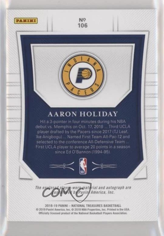 2018 Panini National Treasures /99 Aaron Holiday #106 RPA Rookie Patch Auto RC - Image 2 of 2