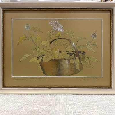 James L Bain Geraniums Pen & Ink Wash Original Framed Botanical Drawing Signed