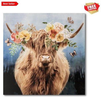 Hand-Painted Highland Cow Canvas Wall Art, Lovely Cow With Flower Wall Art, F...