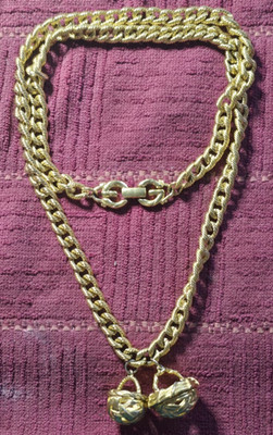 GIVENCHY 70s Heavy Chain Basket Pendant Woven Metal Signed 32'' Necklace Double G