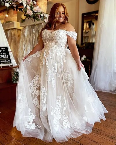 Plus Size Wedding Dresses Off Shoulder Lace Applique Bridal Gowns Lace Up Back - Picture 5 of 10