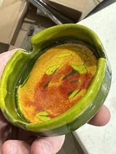 Vintage Ashtray USA 521 Pottery Ceramic Round MCM 3 3/4” Red Yellow Green Smoke