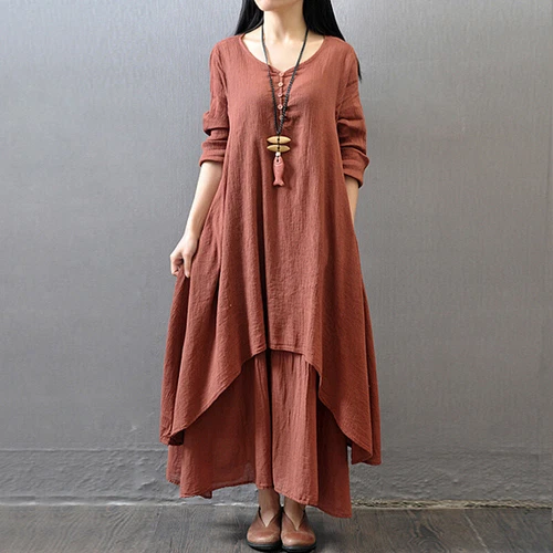 Womens Boho Cotton Linen Dress Long Sleeve Dress Sundress Maxi Dress Casual New - Picture 18 of 23