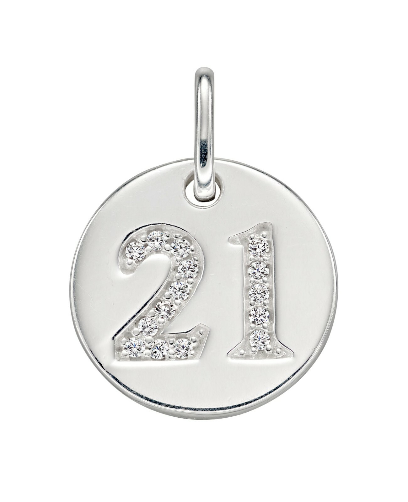 925 Sterling Silver '21' Disc with Crystal Cubic Zirconia Necklace (Chain Inc)