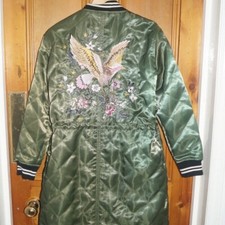 Medium M Petite Coat Gap Womens Rare Green Long Quilted Embroidered Bird Bnwt