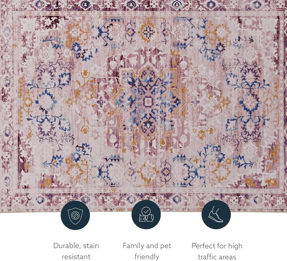 Alfombra Resort Collection 5’ x 7’ – Rosa/Dorado Estampado Vintage Lavable, Antideslizante Foto 3 de 4