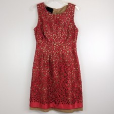 Carlisle Red Laser Cut Lace Floral Dress $595 Beige Linen Floral Overlay Size 6