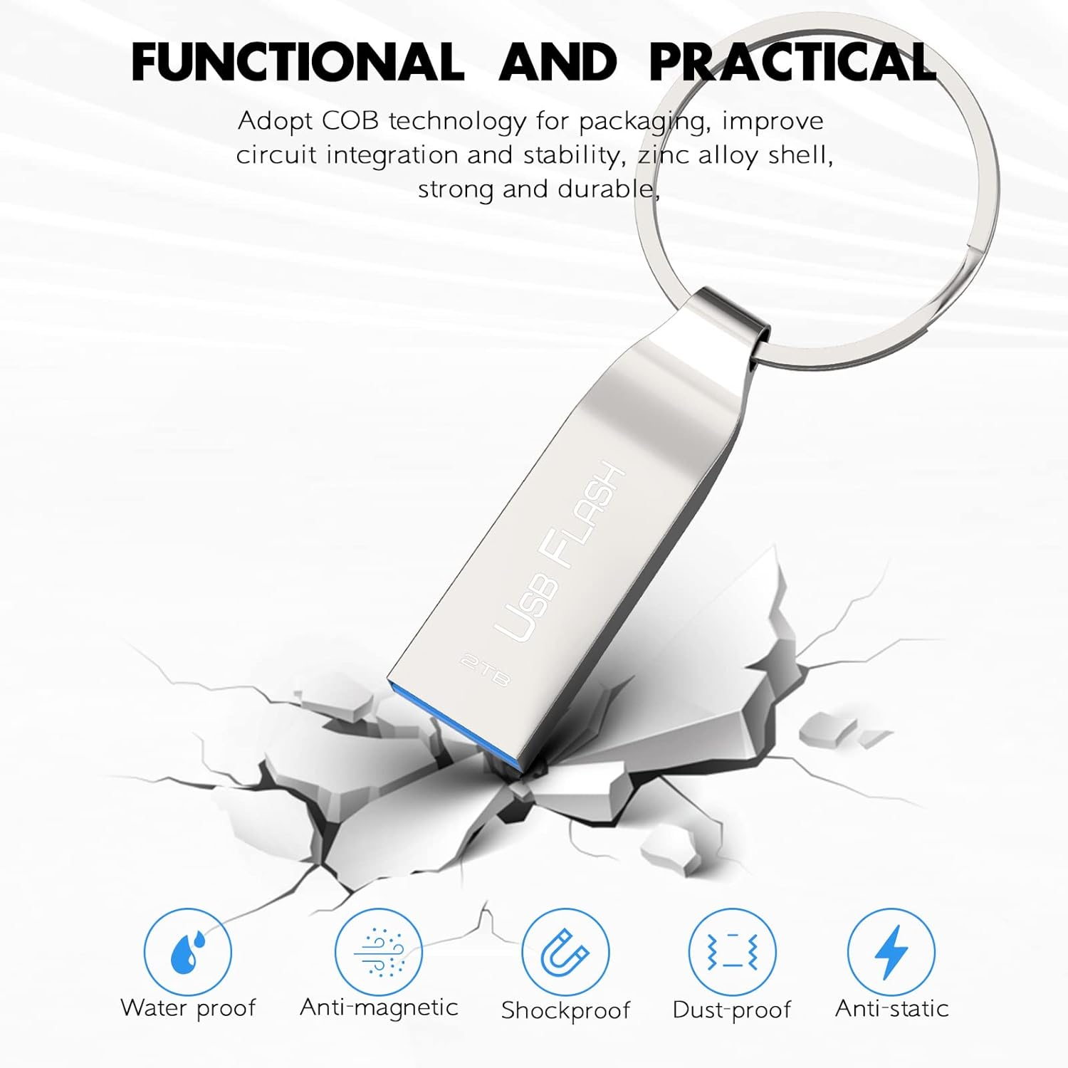 2TB USB Flash Drive with Keychain, 2000 GB Waterproof and Shockproof