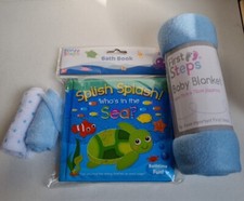 First Steps Face Cloths Blue X2, Bath Book, Soft Baby Blanket, New Lot
