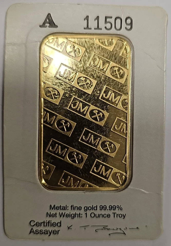 Barra de oro fino Johnson Matthey de colección de 1 oz - tarjeta de ensayo blanca escasa Foto 2 de 2