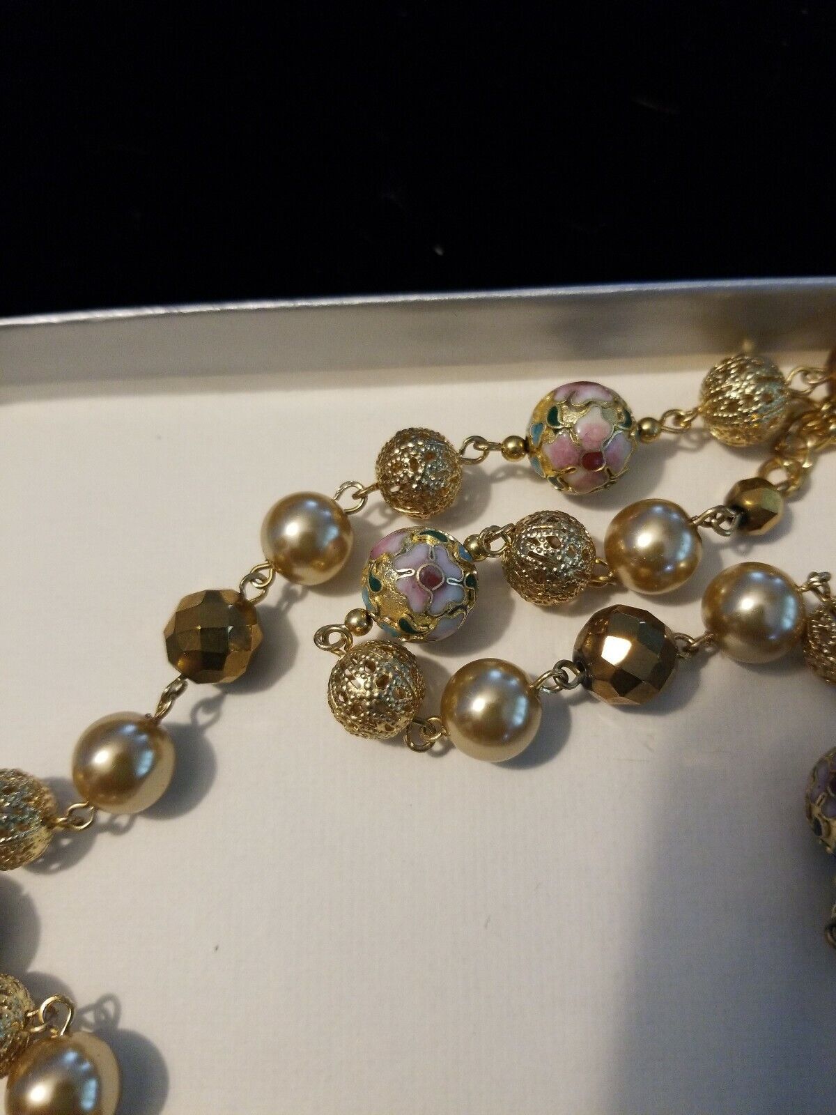 Vintage Goltone Cloissen faux pearl Beaded Marked… - image 2