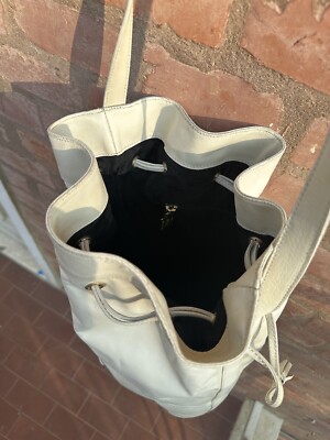 Moschino Bucket Bag Vintage White Nylon Leather Drawstring Gold Letters 1980s s-l500.jpg main image 2