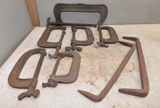 6 antique big clamps,  2 blacksmith forged bench dogs collectible tool lot