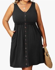 Womens Sleeveless Button Down Elastic Waist Swing Dresses Plus Size Black