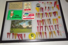 GREAT GOLF COLLECTION ANTIQUE VINTAGE POST CARD, GOLF TEES, BALL MARKERS
