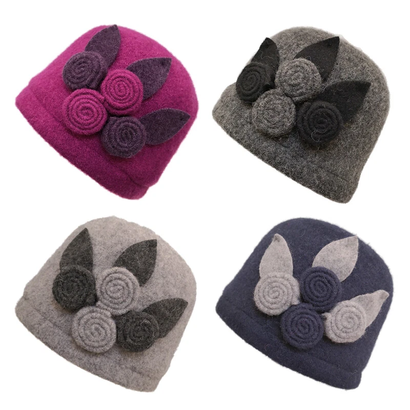 Sombrero de lana para mujer cuatro rollos de gorro floral sombrero invierno moda sombreros Foto 3 de 4