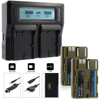2x Akku + Lader für Canon EOS 300D 50D 40D 30D 2 BP-511 511A 1600 mAh (7,4V)