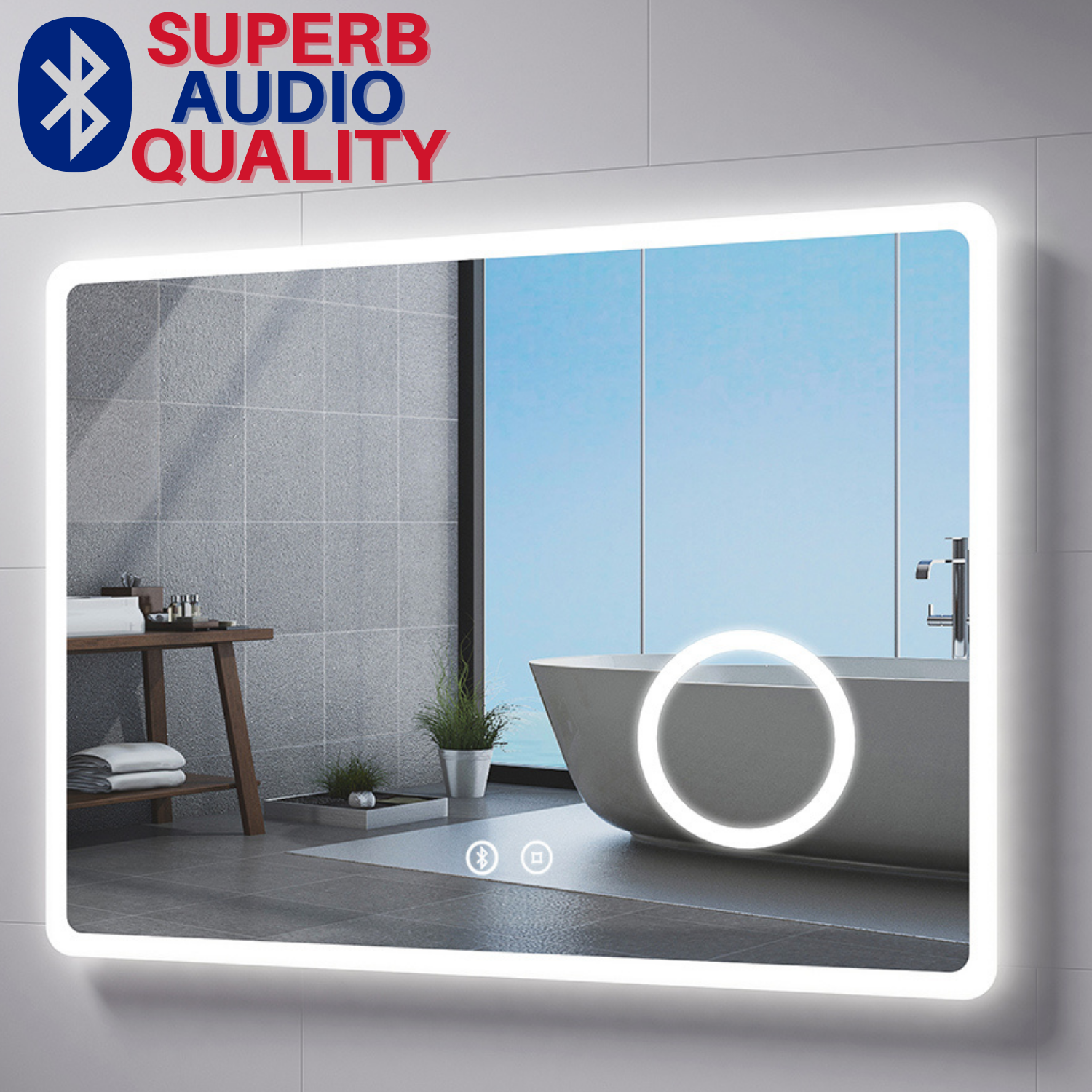 EMKE Bluetooth LED Bathroom Mirror With Shaver Socket 3x Magnifying 800 x 600 mm