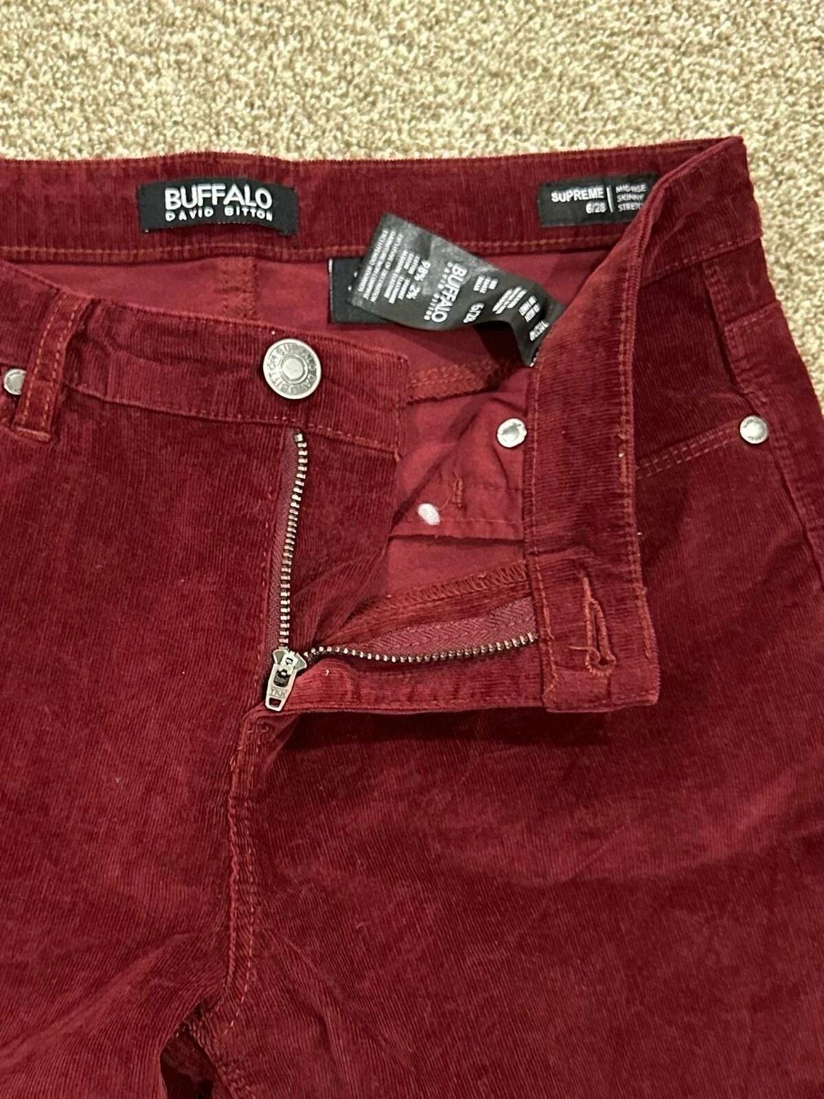 Jean skinny mi haut Buffalo David Bitton Supreme 6/28 velours côtelé bordeaux