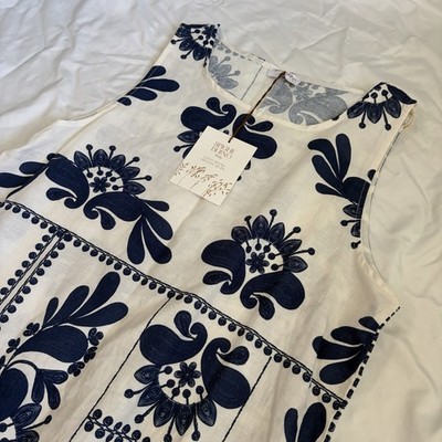 NWT Spighe Di Lino Italy Linen Blend Embroidered Maxi Dress Navy Cream L |  eBay