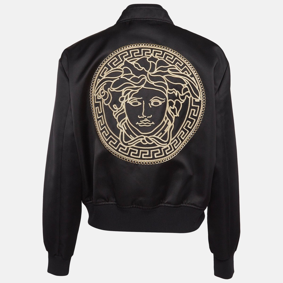 Versace Black Medusa Embroidered Satin Bomber Jacket M