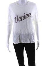 Monrow Womens Venice Short Sleeve Graphic Top Tee Shirt White Linen Size Medium