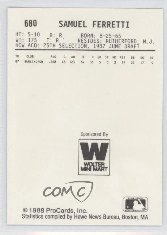1988 ProCards Minor League Sam Ferretti #680 - Image 2 of 2