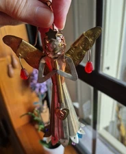 VTG MIXED METALS CHRISTMAS ANGEL ORNAMENT Copper Glass Brass Ornate