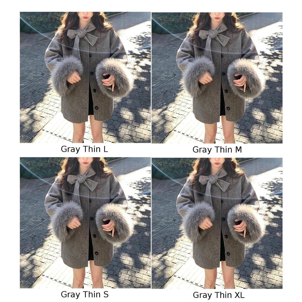 Loose for Fit Woolen Coat for Women Solid Color For V Neck Bow Trim ...