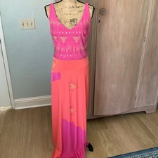 Vtg 90s Y2K Christyne  Forti pink orange Gold Beaded embellished bias maxi dress