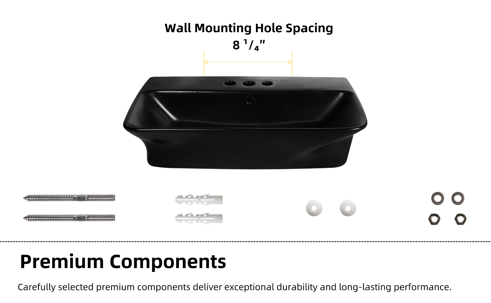 24" Matte Black Wall Mount Bathroom Sink 4" Centerset with Overflow & 3 Holes
