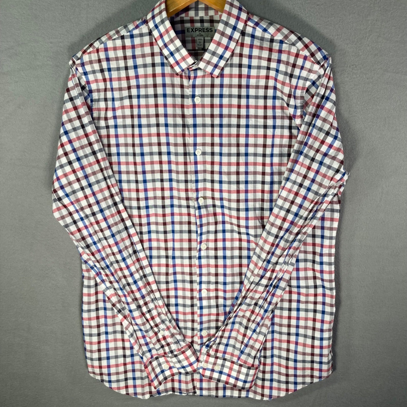 Express Fitted Mens Button Down Shirt Large 16-16 1/2 Plaid Checkered