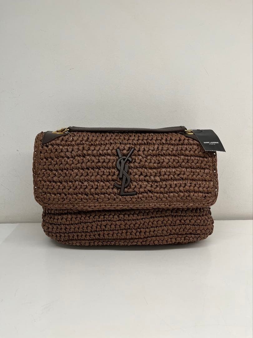 Saint Laurent YSL NIKI Medium Raffia Leather Trim Shoulder Bag Brown Japan Used