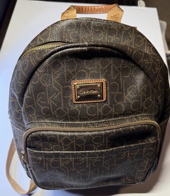 Calvin Klein Mini Backpack Leather Dark Brown CK Print Logo Used